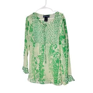 Susan Graver Green and Cream Floral Blouse XL Pullover Artsy Cottagecore Flowy